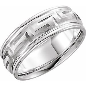 14K White Gold 7 Mm Polished Comfort-Fit Band With Greek Key Pattern Size 9