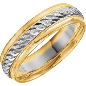 14K Yellow White  Gold Polished 6.5 6 Mm Polished Comfort-Fit Design-Engraved Band Size 6.5