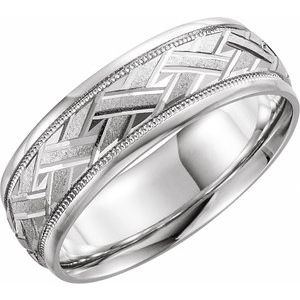 10K White Gold  7 Mm Polished Woven-Design Comfort-Fit Band Size 11