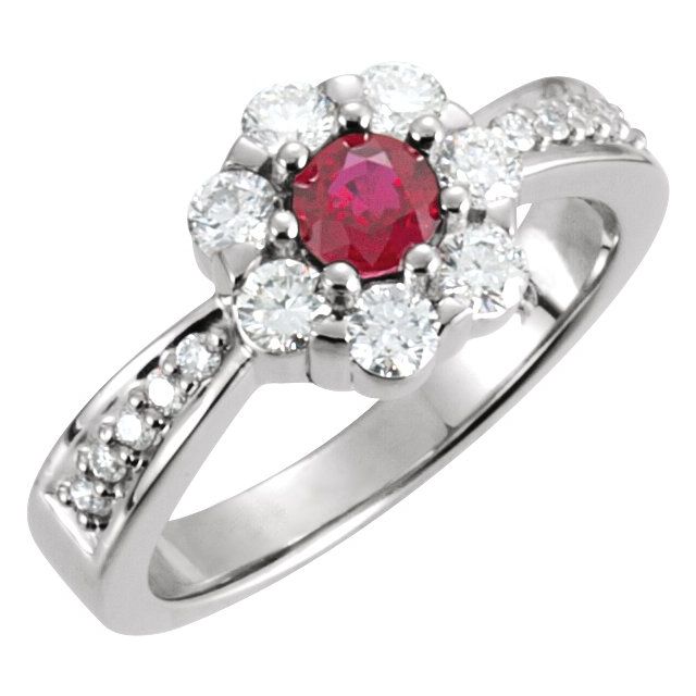14K White Gold Round 4.5 Mm Polished Natural Ruby And 5/8 Ctw Natural Diamond Ring, Size 7