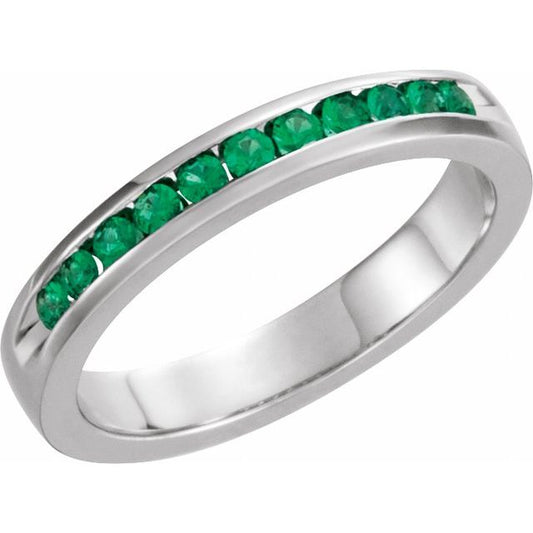 14K White Gold Round 1.8 Mm Polished Natural Emerald Anniversary Band, Size 7