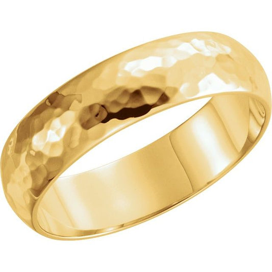14K Yellow Gold 6 Mm Polished Standard-Fit Half Round Band With Hammer Finish, Size 10