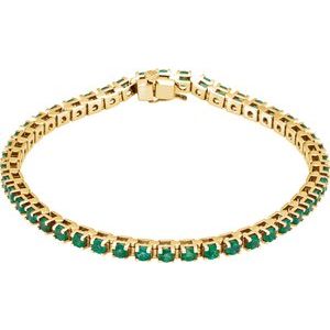 14K Yellow Gold Round 3 Mm  Lab-Grown Emerald Line Bracelet, Length: 7 In
