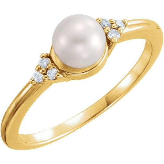14K Yellow Gold 5.5-6.0 Mm Polished Cultured White Freshwater Pearl And .06 Ctw Natural Diamond Ring, Size 7