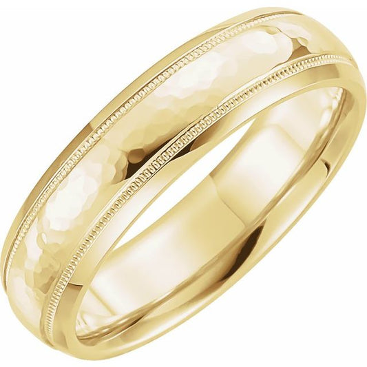 14K Yellow Gold 6 Mm Polished Milgrain Comfort-Fit Half Round Band With Hammer Finish, Size 12