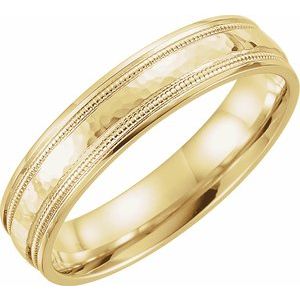 14K Yellow Gold 5 mm Flat Comfort-Fit Band with Milgrain & Hammer Finish Size 9