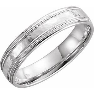 14K White Gold 5 mm Flat Comfort-Fit Band with Milgrain & Hammer Finish Size 12