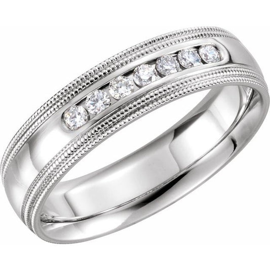 14K White Gold Round 2.2 Mm X 6 Mm Si2-Si3, G-H Polished 1/4 Ctw Natural Diamond Half Round Comfort-Fit Double Milgrain Band, Size 7
