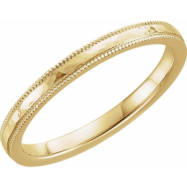14K Yellow Gold 2 Mm Polished Milgrain Comfort-Fit Flat Band With Hammer Finish, Size 5.5