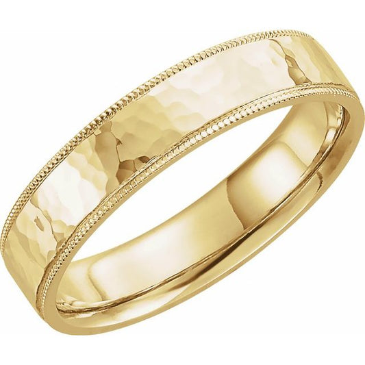 14K Yellow Gold 5 Mm Polished Milgrain Comfort-Fit Flat Band With Hammer Finish, Size 12