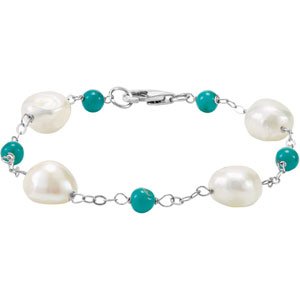 Sterling Silver Pearl 10.0-11.0 Mm  Cultured White Freshwater Pearl And Natural Turquoise Bracelet, Length: 7.5 In