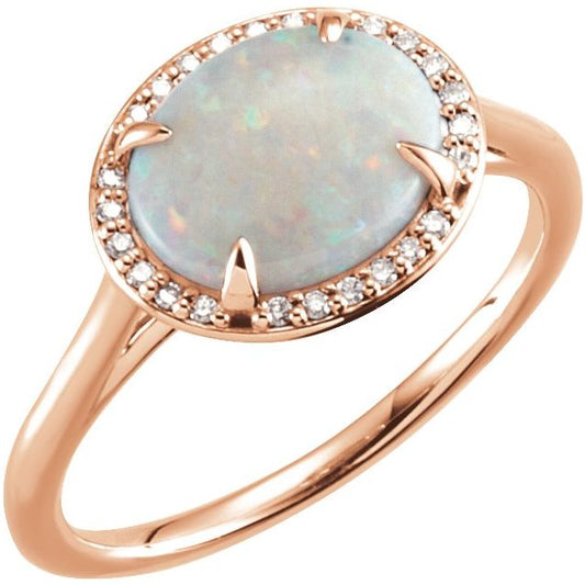 14K Rose Gold Oval 10 X 8 Mm Polished Natural White Opal And .06 Ctw Natural Diamond Halo-Style Ring, Size 7