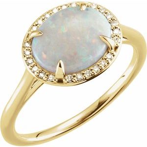 14K Yellow Gold Oval 8 X 6 Mm Natural White Opal And .04 Ctw Natural Diamond Halo-Style Ring Size 7