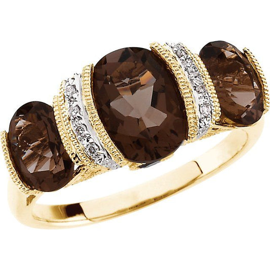 14K Yellow Gold Oval 9 X 7 Mm Polished Natural Smoky Quartz And .03 Ctw Natural Diamond Ring, Size 7