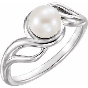 14K White Gold 6.5-7.0 Mm Polished Cultured White Freshwater Pearl Ring Size 7