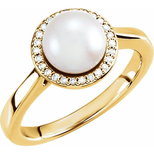 14K Yellow Gold 8 Mm Polished Cultured Freshwater Pearl And .06 Ctw Natural Diamond Ring, Size 7