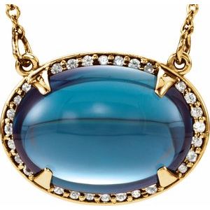 14K Yellow Gold Oval 14 X 10Mm  Natural London Blue Topaz And .06 Ctw Natural Diamond Necklace, Length: 16.5 In