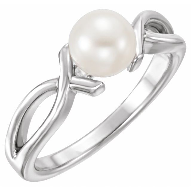 14K White Gold 6.5-7.0 Mm Polished Cultured White Freshwater Pearl Ring, Size 7