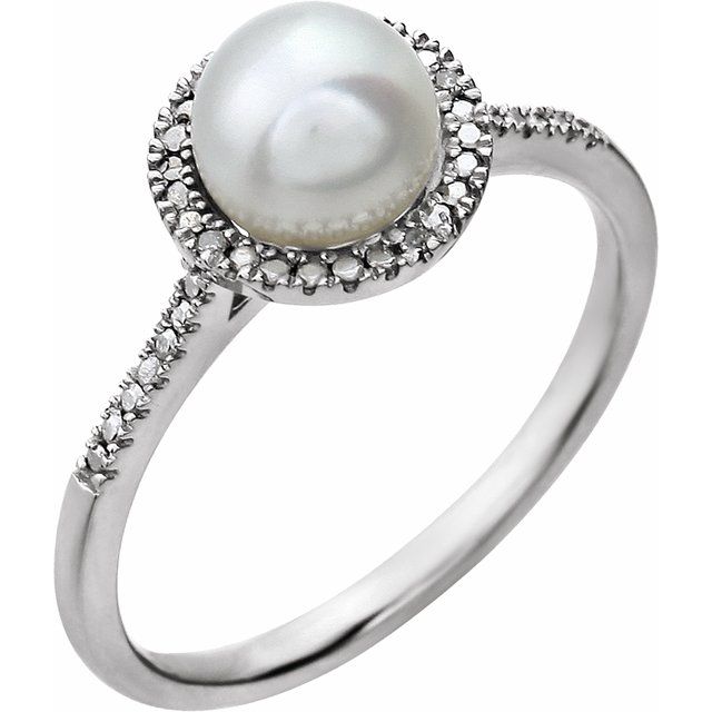 Sterling Silver 6.5-7.0 Mm Polished Cultured White Freshwater Pearl And .01 Ctw Natural Diamond Ring, Size 7