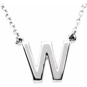 Sterling Silver Initial W Block Initial Necklace, Length: 16 In