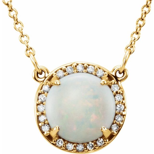14K Yellow Gold Round 8Mm I1, G-H 16 In Polished Natural Opal And Natural Diamond Necklace