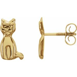14K Yellow Gold Pair Threaded Backs Youth Cat Earrings