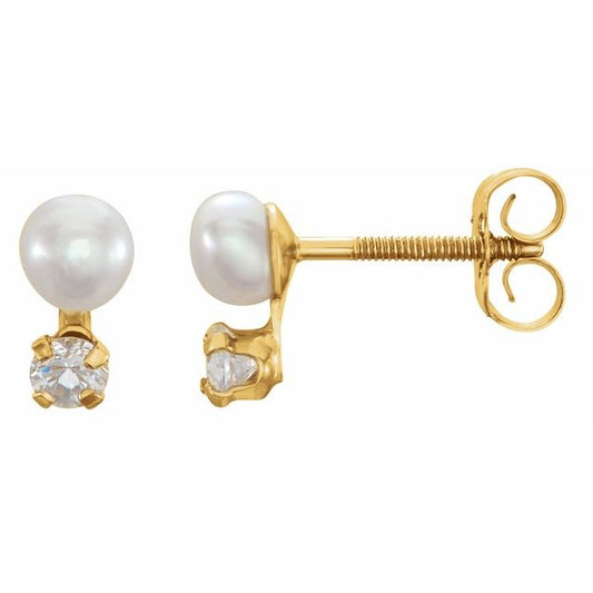 14K Yellow Gold 3.5Mm Threaded Back Polished Youth Button Cultured White Freshwater Pearl & Imitation White Cubic Zirconia Earrings