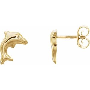 14K Yellow Gold 8.2 X 5.7 Mm Pair Threaded Backs Polished Youth Dolphin Earrings