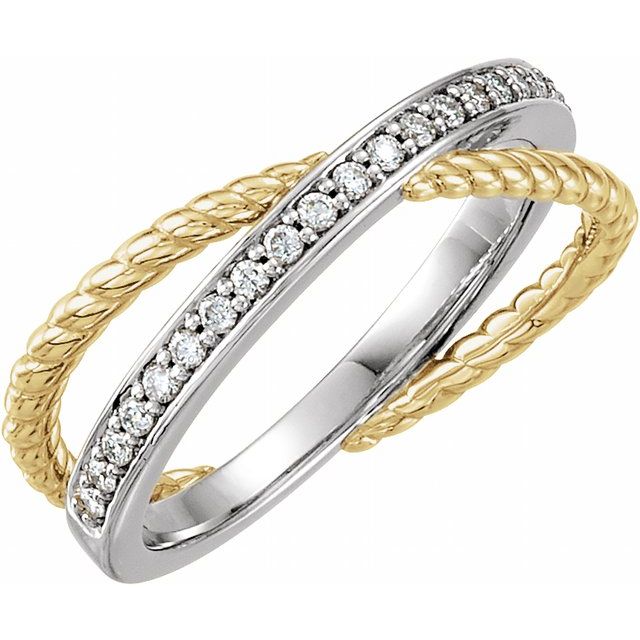14K White/Yellow Gold Round 1.3 Mm Polished 1/5 Ctw Natural Diamond Cross Over Ring, Size 7