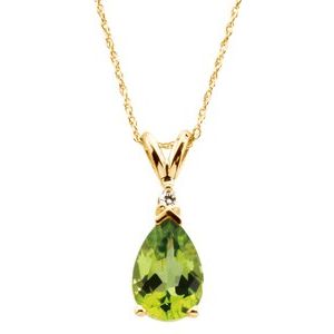 14K Yellow Gold Pear 10 X 7Mm G-H I1 Natural Peridot And .04 Ctw Natural Diamond Necklace, Length: 18 In