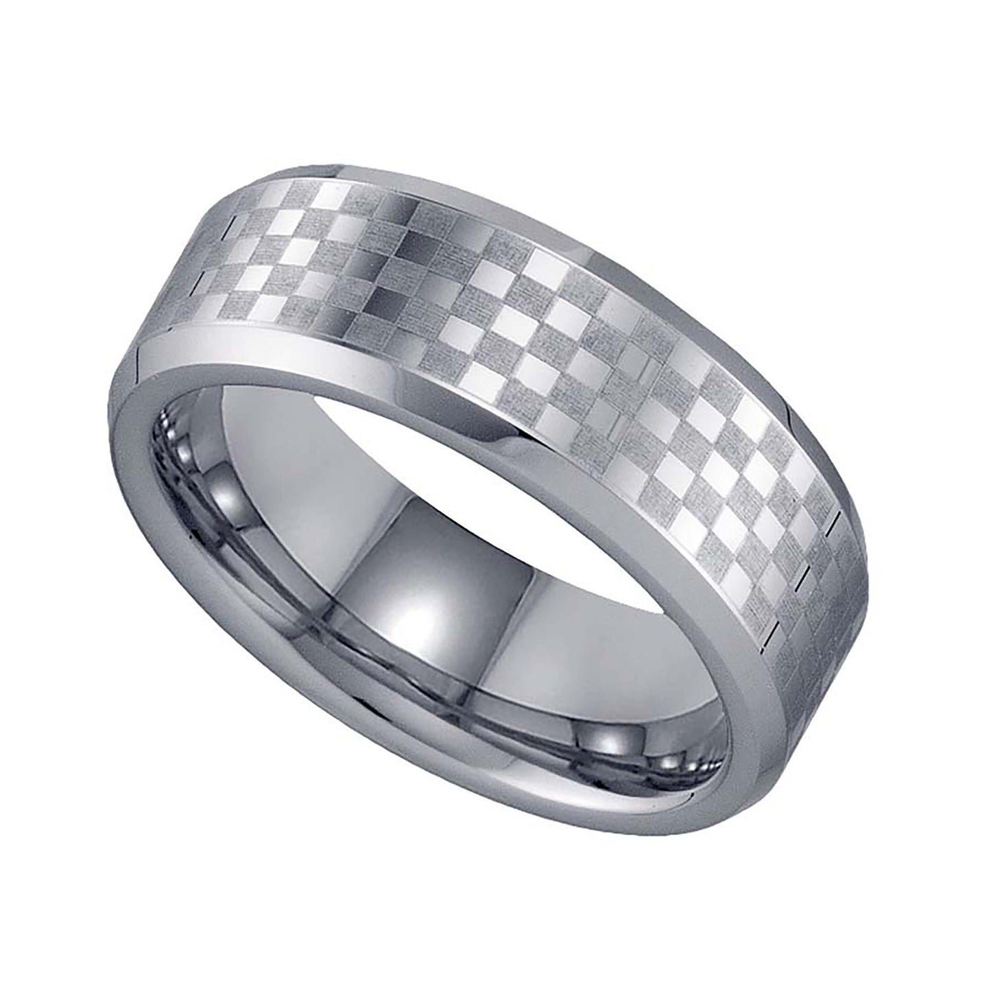 Tungsten Checker Flag Beveled Edges Mens Comfort-fit 8mm Size 7 - 14 Bridal Anniversary Engagement Wedding Band