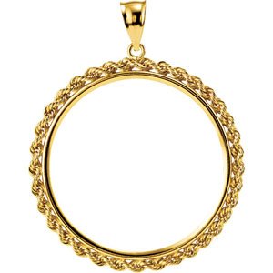 14K Yellow Gold 34.3 Mm Tab Back Polished Rope Coin Frame Bezel Pendant