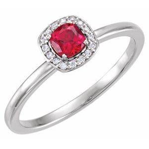 14K White Gold Lab-Grown Ruby Cushion 4 X 4 Mm Polished Lab-Grown Ruby And .04 Ctw Natural Diamond Ring Size 7