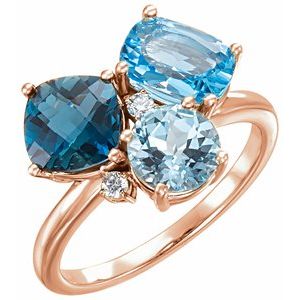 14K Rose Gold Natural Swiss Blue, Natural London Blue, & Natural Sky Blue Topaz & .05 CTW Natural Diamond Ring Size 7