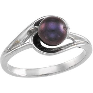 14K White Gold Cultured Black Akoya Pearl Pearl 6 Mm Polished Cultured Black Akoya Pearl Ring Size 6