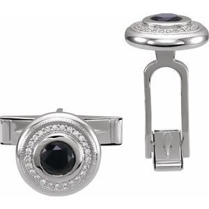 14K White Gold 5 Mm Round Polished Natural Black Onyx And 1/8 Ctw Natural Diamond Cuff Links