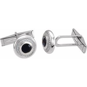 14K White Gold 5 Mm Round Polished Natural Black Onyx And 1/8 Ctw Natural Diamond Cuff Links