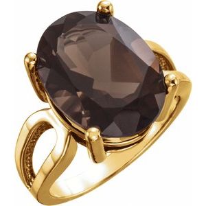 14K Yellow Gold  Oval 16 X 12 Mm Polished Natural Smoky Quartz Ring Size 7