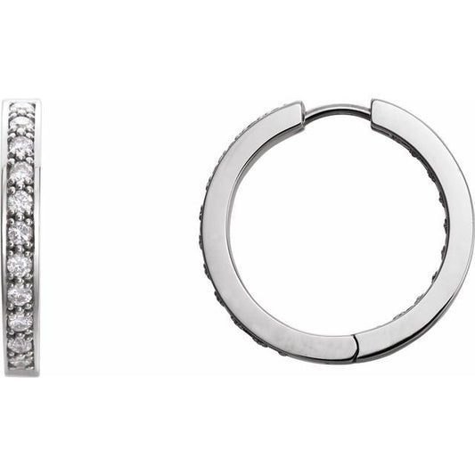14K White Gold Round 18 Mm 3.07 Mm 1.8Mm I1, G-H Pair Hinged Polished 3/4 Ctw Natural Diamond Hoop Earrings