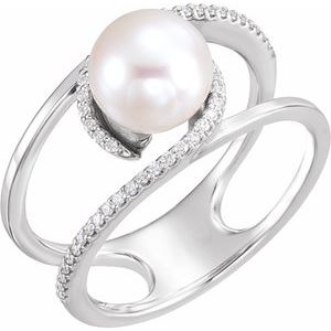 14K White Gold Cultured White Freshwater Pearl & 1/8 CTW Natural Diamond Ring Size 7