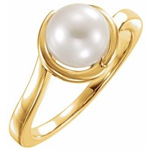 14K Yellow Gold Cultured White Freshwater Pearl Pearl 7.5-8.0 Mm Polished Cultured White Freshwater Pearl Ring Size 7
