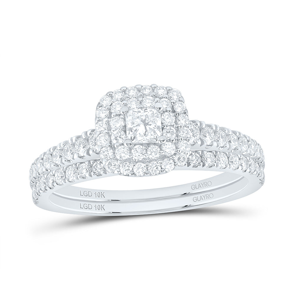 10K Yellow Or White Gold 7/8 Cttw Lab Grown Diamond 1/6 Cttw Center Round Cushion Double Halo Bridal Set