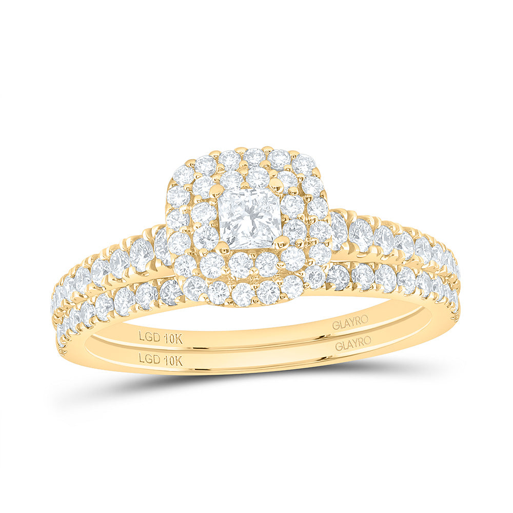 10K Yellow Or White Gold 7/8 Cttw Lab Grown Diamond 1/6 Cttw Center Round Cushion Double Halo Bridal Set