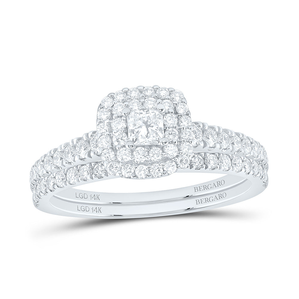 14K Yellow Or White Gold 7/8 Cttw Lab Grown Diamond 1/6 Cttw Center Round Cushion Double Halo Bridal Set
