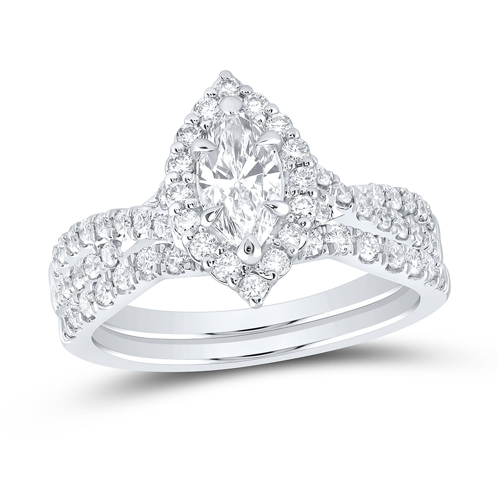 14K Yellow Or White Gold 1 1/4 Cttw Lab Grown Diamond 1/2 Cttw Center Marquise Single Halo Bridal Set