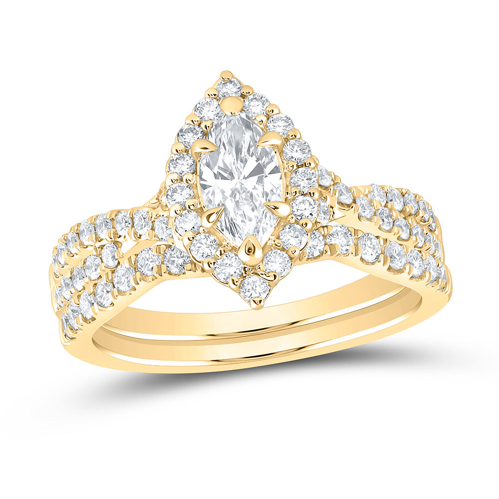 14K Yellow Or White Gold 1 1/4 Cttw Lab Grown Diamond 1/2 Cttw Center Marquise Single Halo Bridal Set