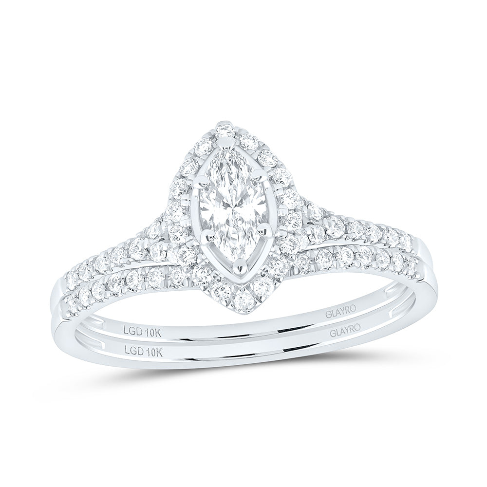 10K Yellow Or White Gold 1/2 Cttw Lab Grown Diamond 1/4 Cttw Center Marquise Single Halo Bridal Set