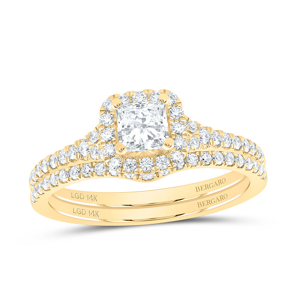 14K Yellow Or White Gold 1 Cttw Lab Grown Diamond 1/2 Cttw Center Princess Single Halo Bridal Set