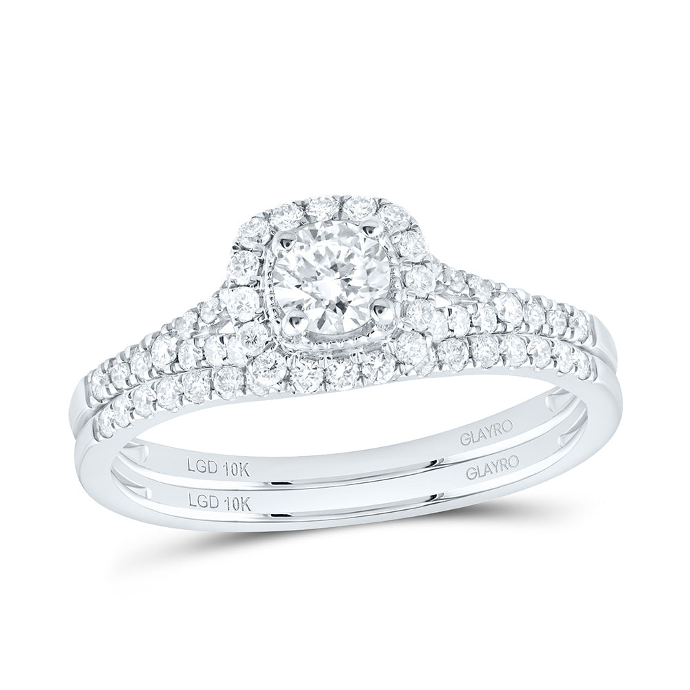 10K Yellow Or White Gold 1/2 Cttw Lab Grown Diamond 1/5 Cttw Center Round Cushion Single Halo Bridal Set