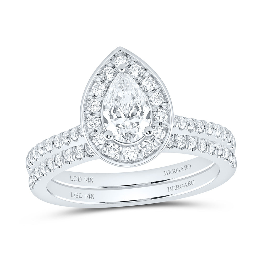 14K Yellow Or White Gold 1 Cttw Lab Grown Diamond 1/2 Cttw Center Pear Single Halo Bridal Set